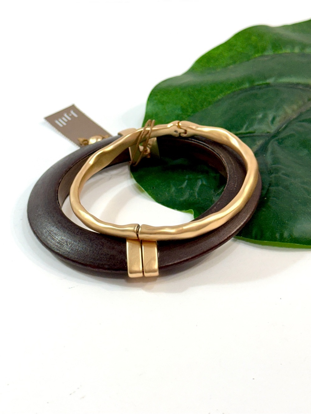 J.Jill Wood & Hammered Gold Tone Bangle Bracelet Set NWT Modern Minimalist